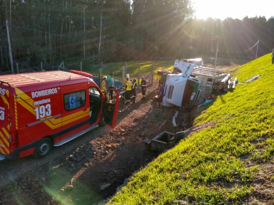 Homem fica ferido após caminhão carregado de toras de madeira tombar em