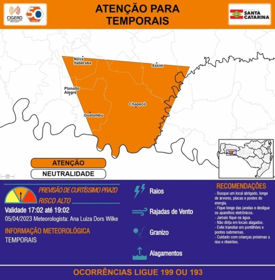 ATENÇÃO: Defesa Civil de SC divulga alerta para Chapecó e municípios vizinhos