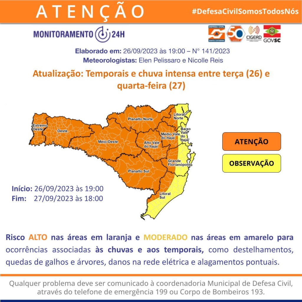 'Risco Alto': Defesa Civil alerta para temporais e chuva intensa no Oeste de Santa Catarina