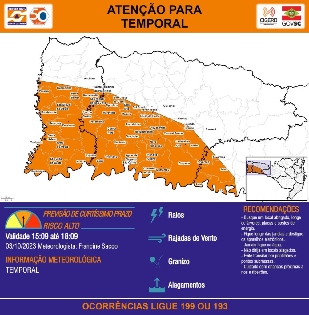 Risco Alto: Defesa Civil divulga alerta de temporais para Chapecó e municípios do Oeste de SC
