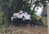 De Chapecó a Nova Itaberaba: Ao tentar escapar de buraco, carro ‘decola’ e fica preso entre árvores na BR-282