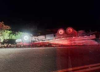 Excesso de velocidade pode ter causado tombamento de caminhão no Oeste de SC