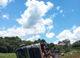 Carreta bitrem sai da pista e tomba no Oeste de SC