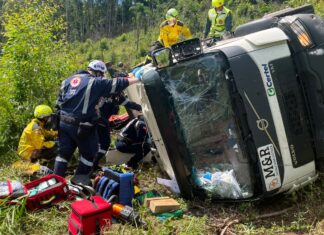 VÍDEO: Aeromédico resgata vítima de tombamento de caminhão no Oeste de SC