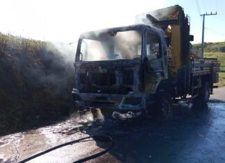 Bombeiros combatem incêndio de grandes proporções em caminhão no Oeste de SC