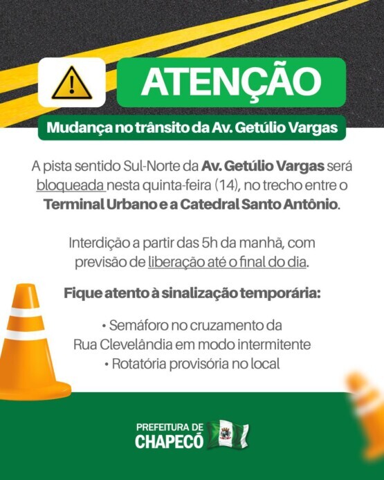 Avenida Getúlio Vargas terá uma pista fechada no Centro de Chapecó