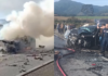 Carro pega fogo após colisão frontal e interdita totalmente a BR-282 em Santa Catarina