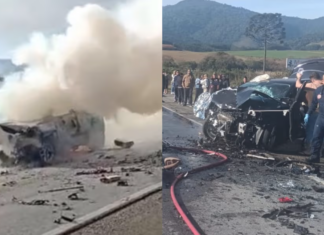 VÍDEO: Carro pega fogo após colisão frontal e interdita totalmente a BR-282 em Santa Catarina