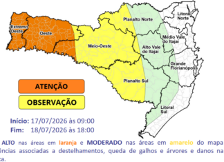 Defesa Civil alerta para vento forte no Oeste de Santa Catarina neste fim de semana