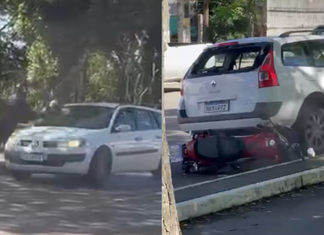 Briga de trânsito termina com para-brisa quebrado e moto prensada por carro em SC